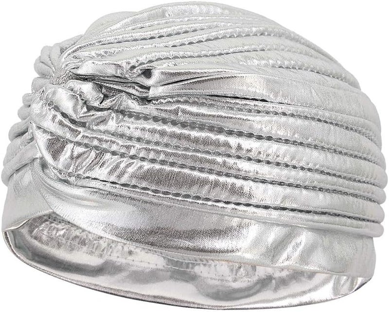 Surkat Store Unisex Metallic Arab India Pleated Turban Headwrap Swami Hat Costume Hat Chemo Cap - Image 1